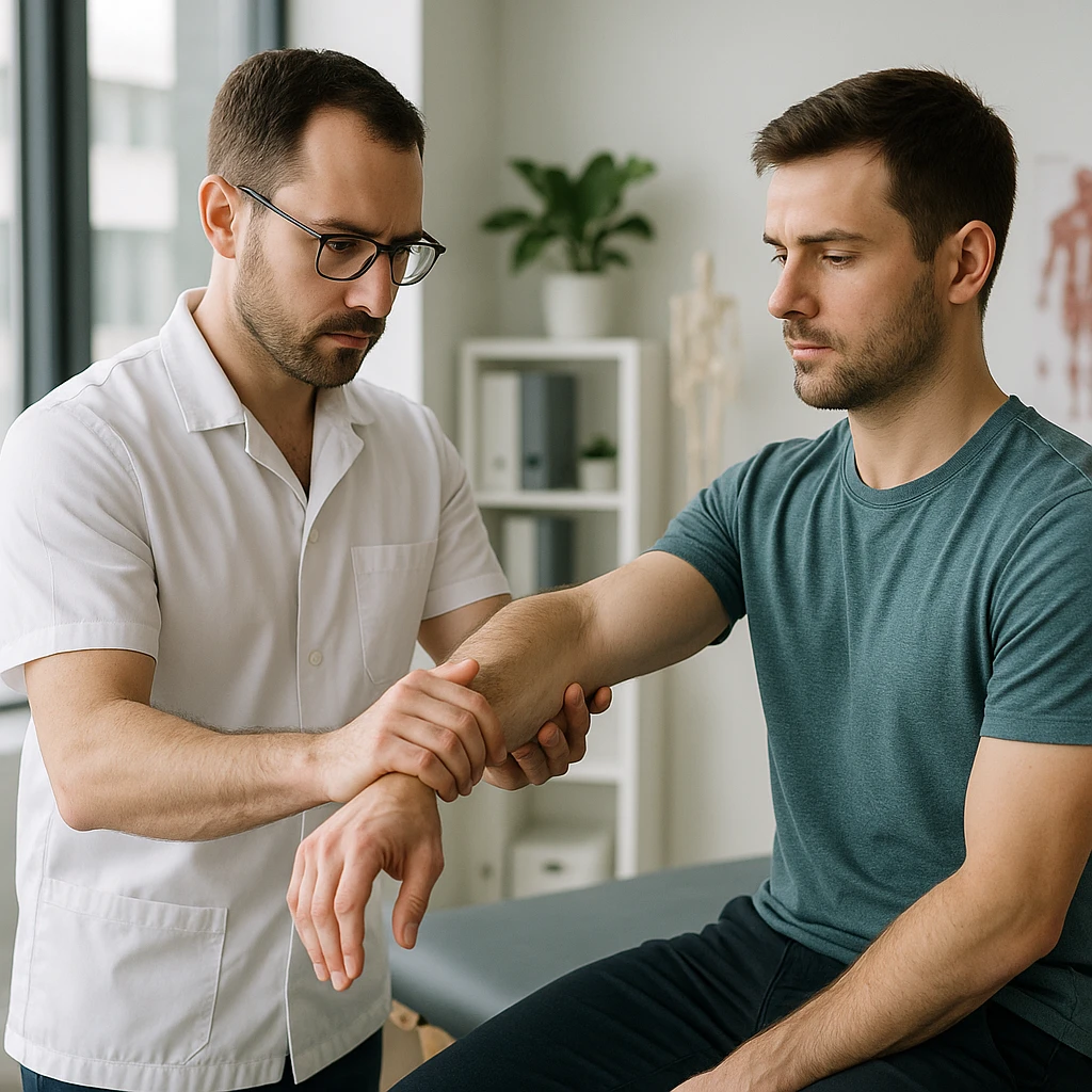 realistic kinesiologist performing a kinesiological evaluation on a patient in a modern clinical environment, professional details, natural light, inspired by reference photo https://attic.sh/r66tucayi7ewfjges2vhulor9bux emoji