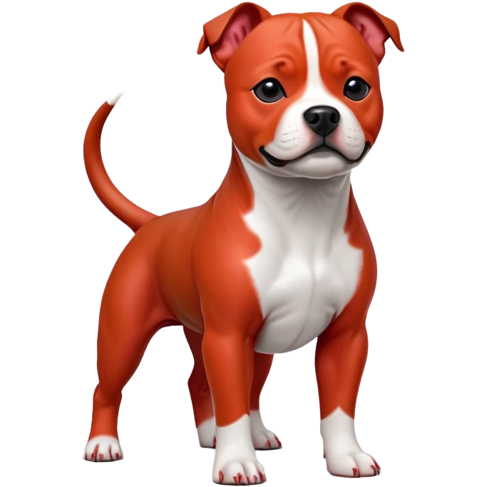 cinematic-[Staffordshire bull terrier]-realistic-full-body-standing-emoji,-tail-resting-loosely-beside-its-paws,-head-tilted-dramatically, -sleek-[red and white]-fur,-simplified-yet-realistic-focused-features,-highly-detailed,-glowing-with-an-almost-sarcastic-glow emoji