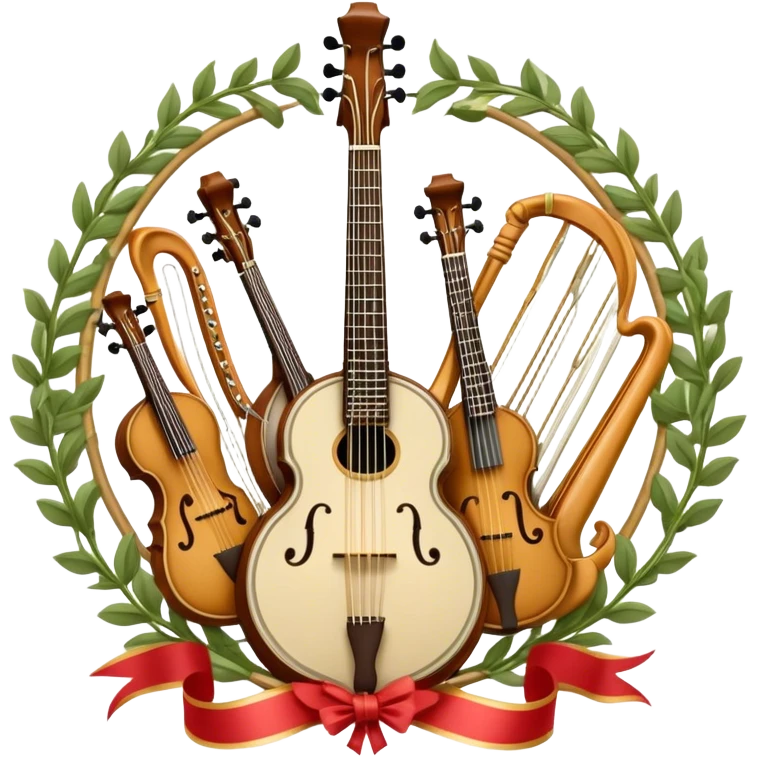 Design a complex and festive emblem-like emoji representing plucked string instruments, such as a banjo, mandolin, domra, sitar, and similar instruments. The composition should resemble a heraldic crest, with the instruments arranged symmetrically and gracefully, their necks intertwining with a flowing ribbon of musical notes. The ribbon should weave through the strings and headstocks, symbolizing the harmonious connection between the instruments. Use detailed engraving on the instrument bodies and fretboards to emphasize their craftsmanship. Incorporate rich, celebratory colors like gold, mahogany brown, deep green, and vibrant accents. Add subtle shading and light reflections to create a three-dimensional, polished look. Include ornate elements like swirls, laurel leaves, and decorative flourishes to enhance the festive and professional appearance. The background should be transparent to highlight the emblem as a standalone piece. emoji