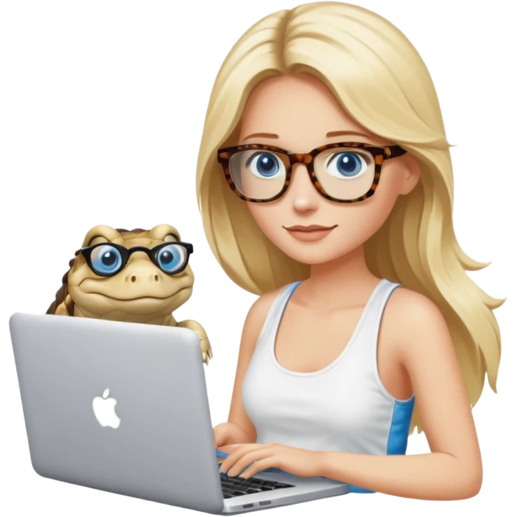 long blonde hair woman blue eyes with tortoise shell print glasses wearing white tank top on mac book with a white crocodile patterns laptop case  emoji