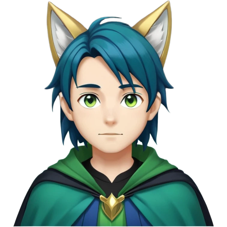anime man with straight long dark-blue-black-gradient hair with light-green stripes in it, long black fox ears, hazel-gradient-brown-turquoise eyes, gold earring, dark-blue-sweater, green cape,  emoji