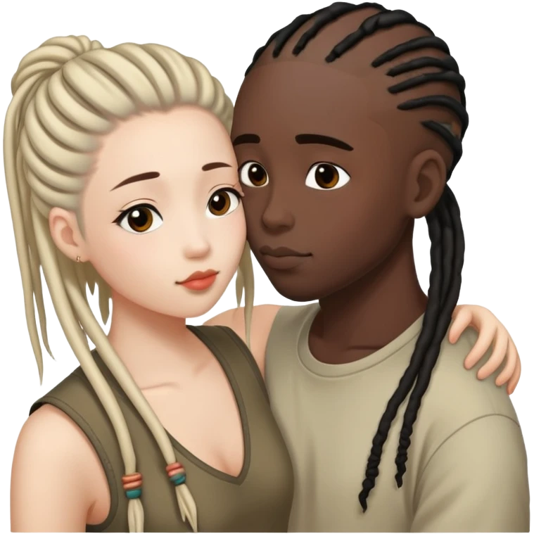 Half shaved head Asian girl kissing black guy with dreads emoji