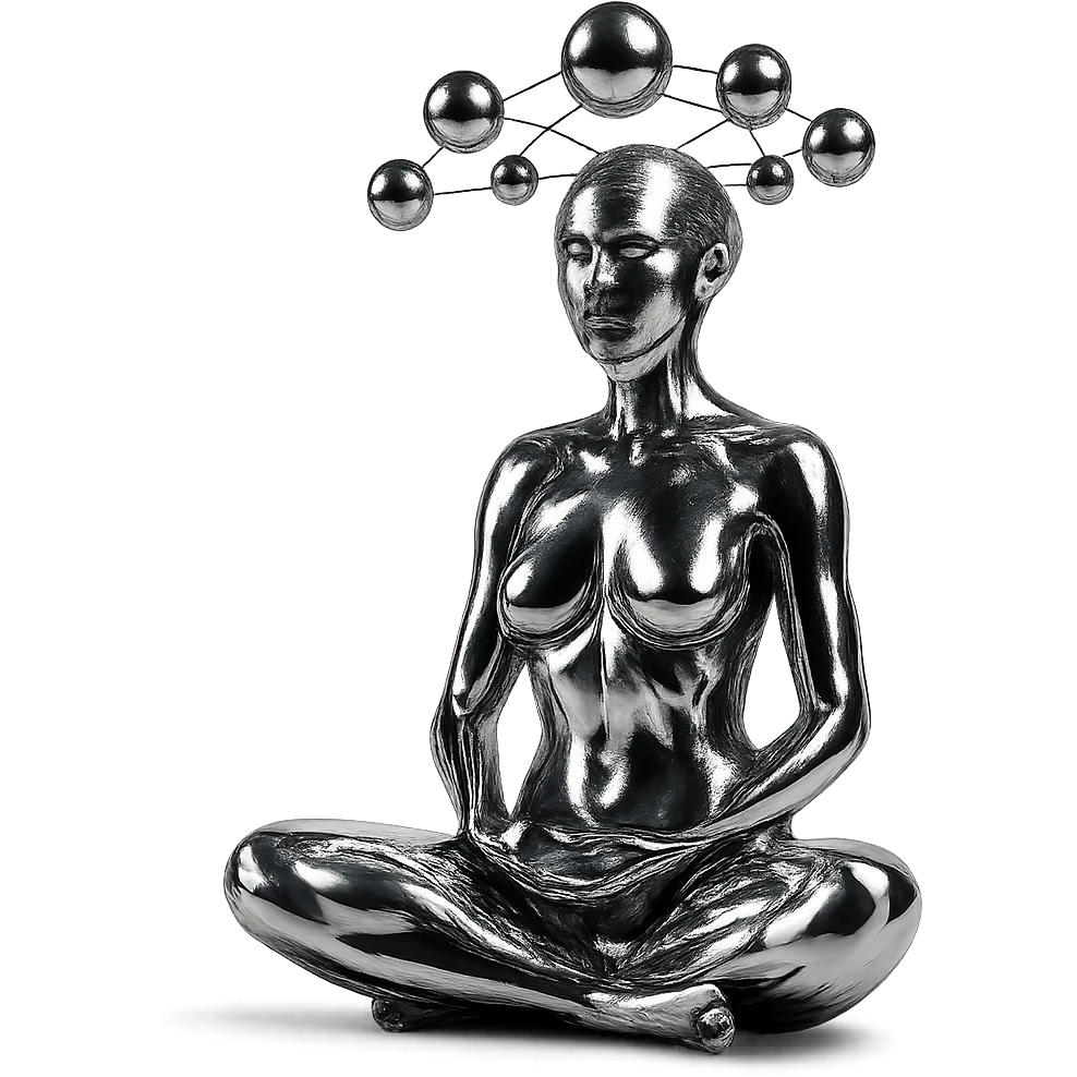 chrome style figure of a woman meditating in the lotus position, with several reflective chrome spheres floating above her head in a net-like arrangement, highly metallic emoji