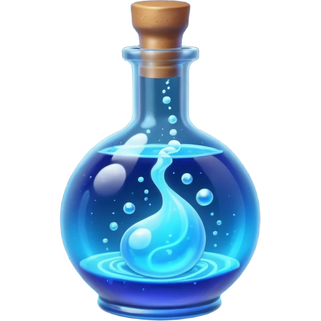 glowing blue neon magic potion, in a round glass bottle, tilted slightly emoji