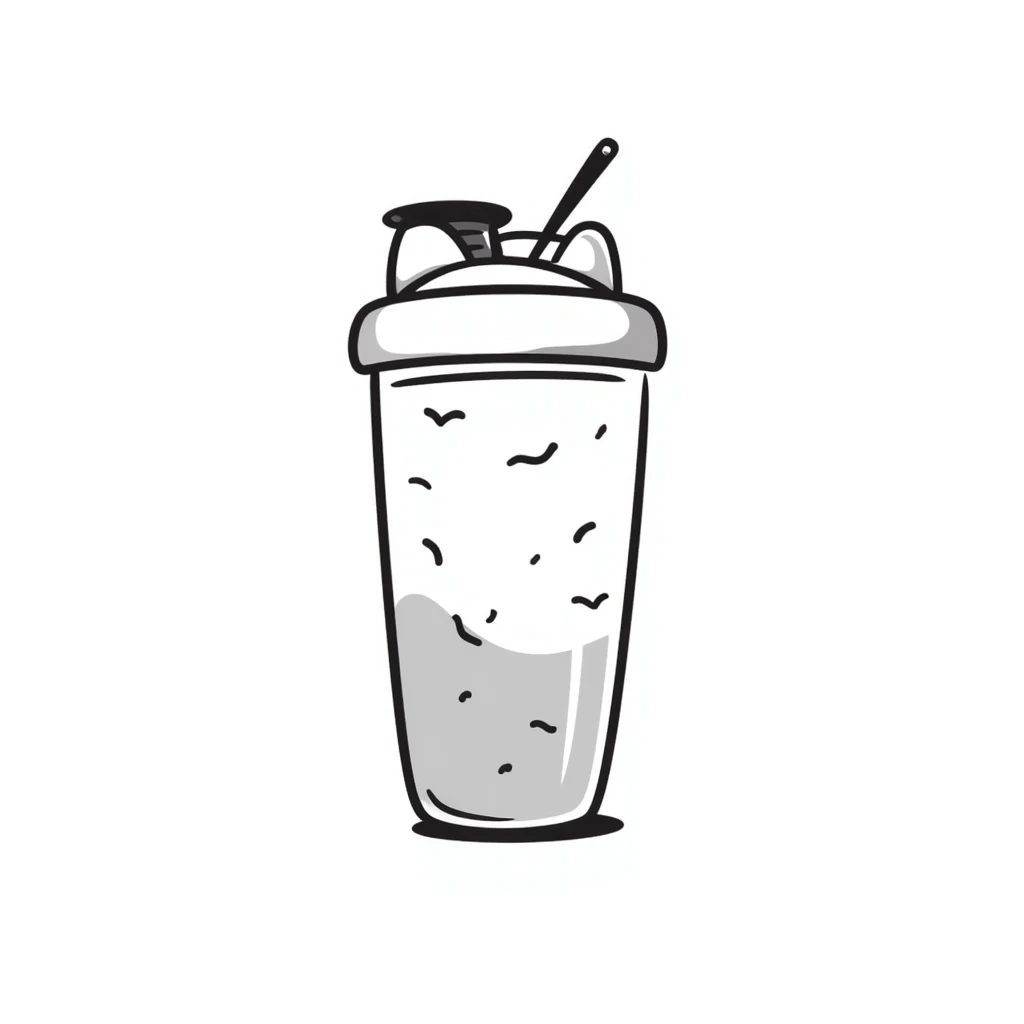 A protein shake in a shaker bottle with details in pastel colors (dd9fb0, ffc6d3, a3bfc9, c4bee2, f1b091), hand-drawn doodle style emoji