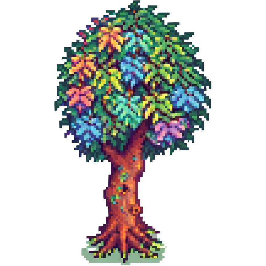 Terraria-style tree with a rainbow trunk and pastel rainbow leaves, pixel art, playful and bright, no text emoji