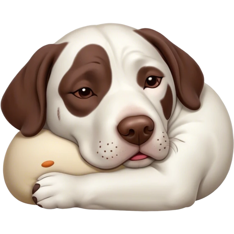 Cinematic Meme-Worthy Chubby Sleeping German Pointer Portrait Emoji, Head resting peacefully with a contented smile, showcasing a delightfully chubby build and a luxuriously soft liver and white coat, eyes shut in a serene nap, Simplified yet hilariously adorable features, highly detailed, glowing with a soft, drowsy light, high shine, relaxed and utterly lovable, stylized with an air of playful laziness, bright and heartwarming, soft glowing outline, capturing the essence of a comically sleepy hunter, so meme-worthy it feels like it could instantly become the next viral sensation of adorable slumber! emoji