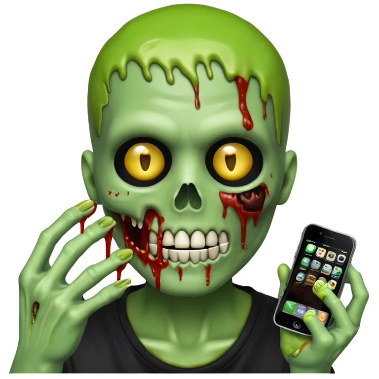 La grande faucheuse effrayante, style emoji iPhone, visage mi-squelette mi-zombie, expression sombre, slime vert autour du visage, billets de 100$ intégrés dans la composition, tient une grande faux, fond blanc, sans animal ni humain dans la main, parfait pour une photo de profil, très effrayant emoji