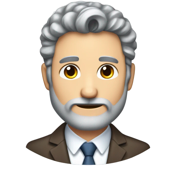 Older attractive man with medium long grey and brown hair tucked behind his ears & a little bit curly with a five o clock shadow beard in a suit  emoji