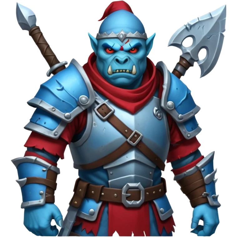 Fantasy Christmas orc legion soldier icon, iron tundra army theme, heavy winter armor, disciplined brutal look, cold steel armor cracked with frozen crimson lines, bloodfrost effect, icy blue and dark red color palette, minimal clean emoji style emoji