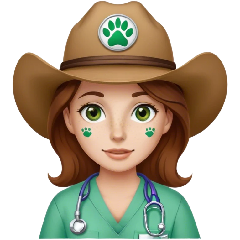 Pale Woman with brown hair and green eyes and freckles on her cheek bones wearing scrubs that have a paw print logo on only the scrubs  and a cow girl hat emoji