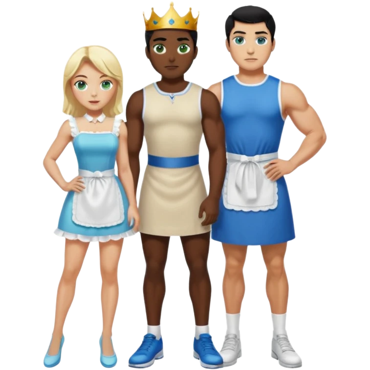 King, black hair, body, legst, blue eyes, shoes, maid blonde hair, green eyes, sexy short sleveless White dress, shoes emoji