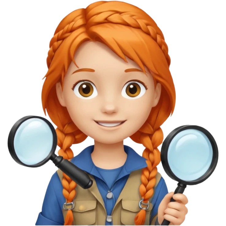 braid orange haired girl kid in explorer outfit, holding magnifying glass emoji