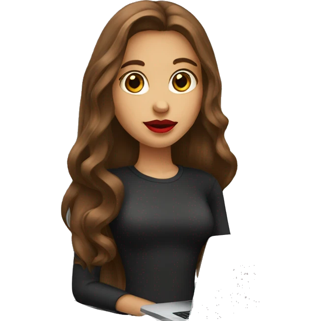 A girl with long brown hair holds a laptop Red lips emoji
