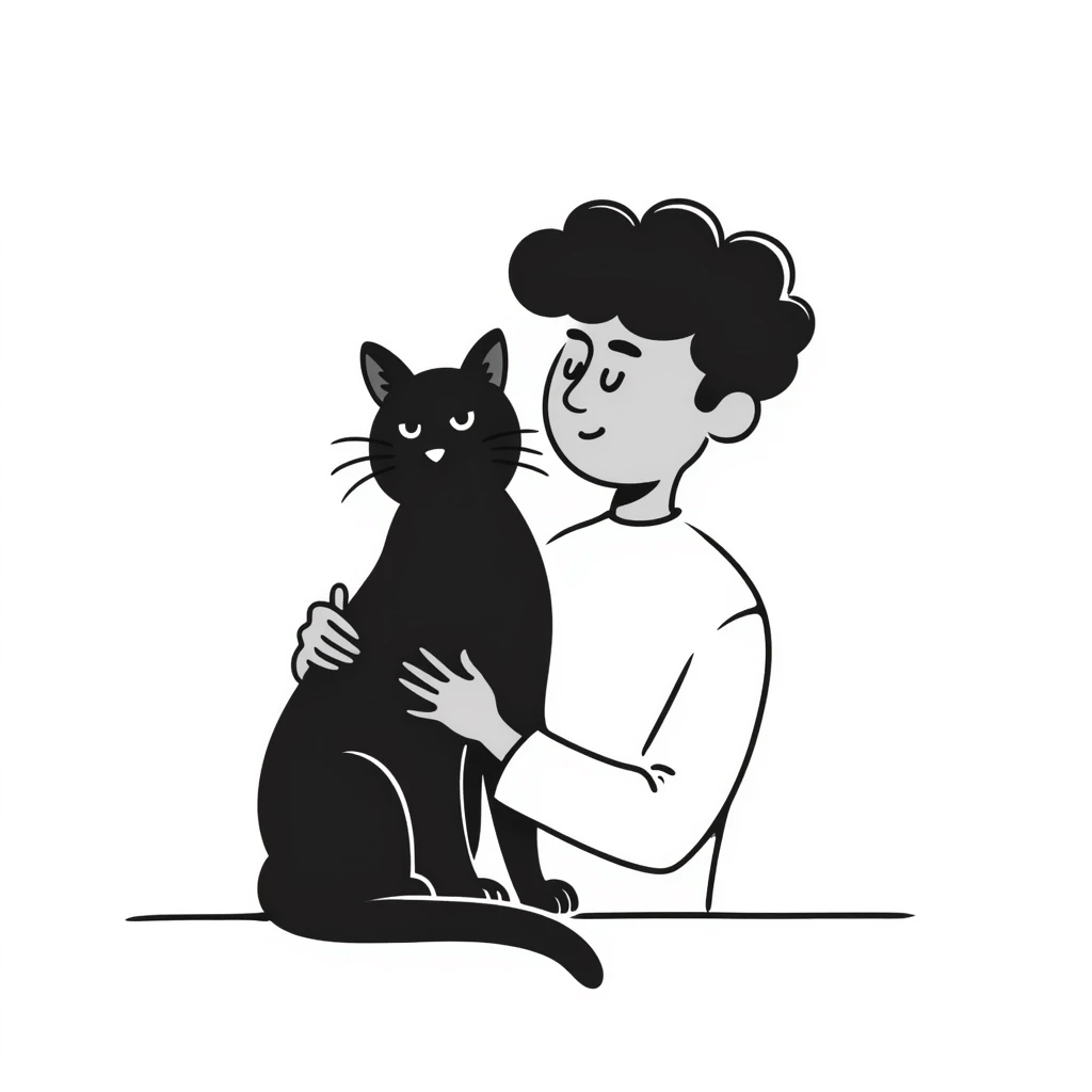 young male with brown light skin, slightly curly hair, holding a black cat emoji
