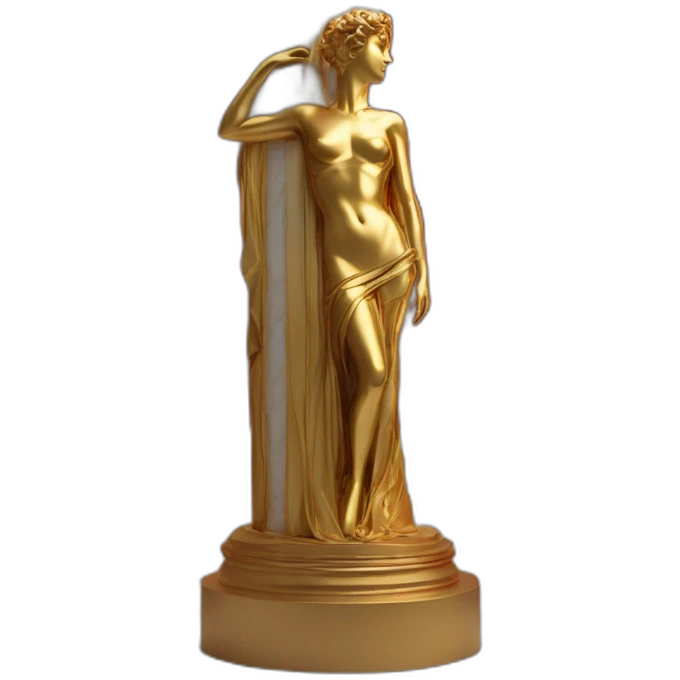 distant view of full length abstract renaissance color sculpture of a female figure with a red mask on her face standing on a shiny gold greek column from an antique setting, 4K resolution emoji