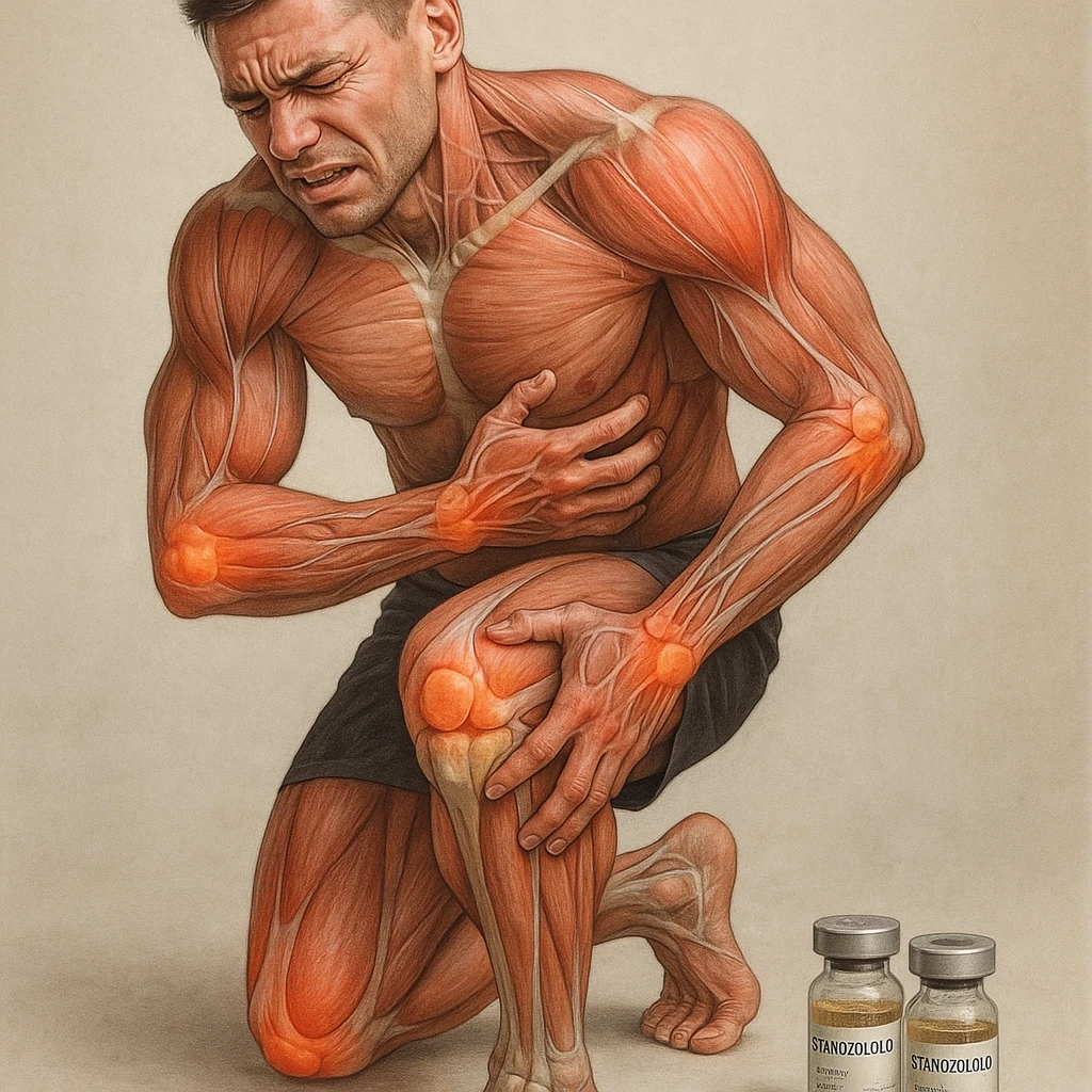 realistic and anatomical crossfit athlete showing widespread joint problems in shoulders, elbows, knees, wrists; muscles and joints clearly visible; painful expression; vials labeled 'Stanozololo' nearby; natural lighting; neutral background emoji