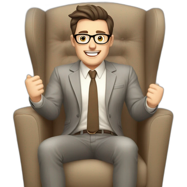Joyful Celebrating victory Hands up Pale skinned Fit Man With dark brown hair in gray jacket, beige office shirt, Brown pants and vintage glasses sitting In a soft chair emoji