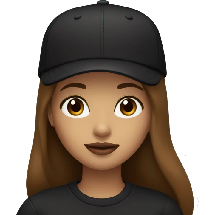 A beautiful woman wearing a black cap and black sweatshirt, big lips, brown straight long hair.  emoji