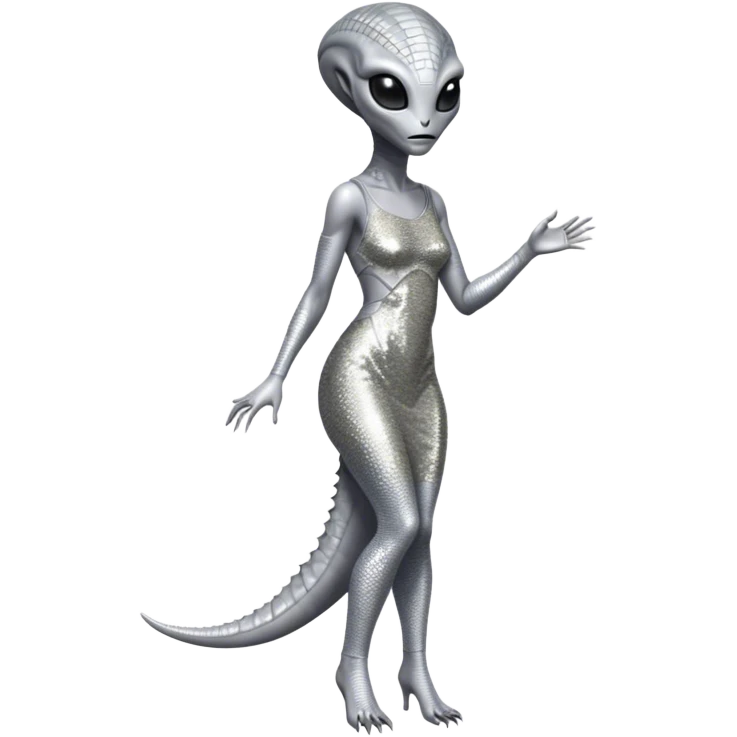 alien reptilian woman in silver dress, full body black eyes emoji