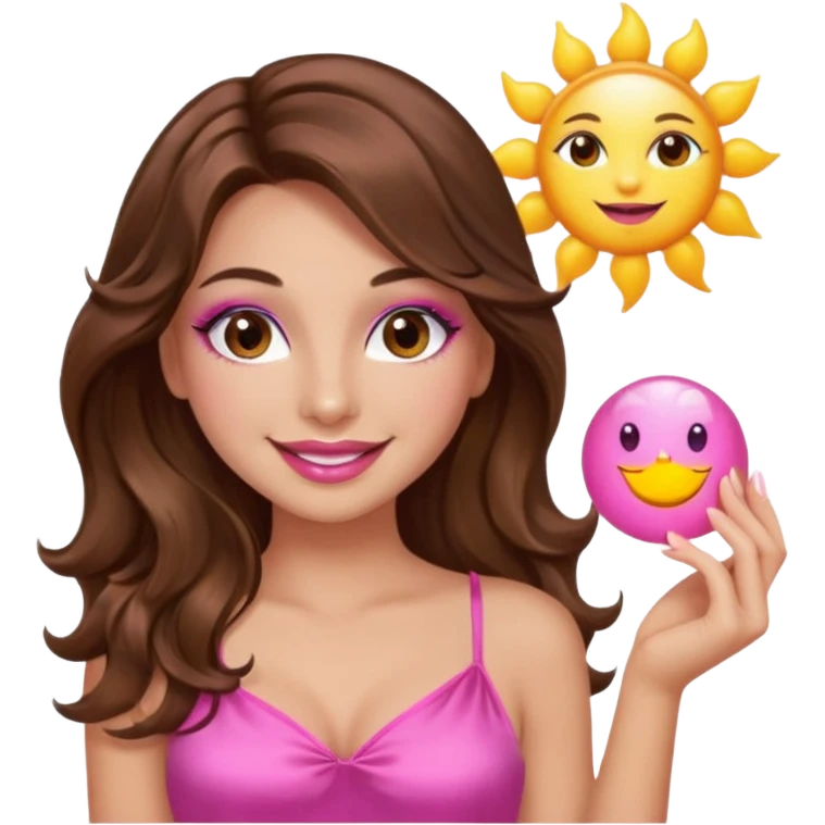 girl with long wavy brown hair, brown eyes, long lashes makeup, sexy pink lips, smiling, light to medium complexion, wearing a pink sexy silk top, holding the sun icon  emoji