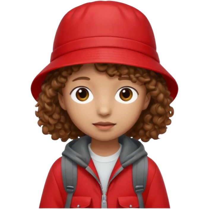 Little student brown curly hair, wears red bucket hat and jacket, backpack, shy emoji