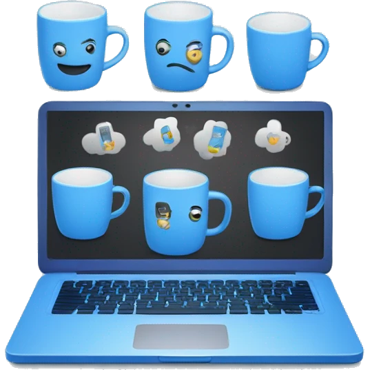 laptop and mugs representing the software development process and teamwork in blue color emoji