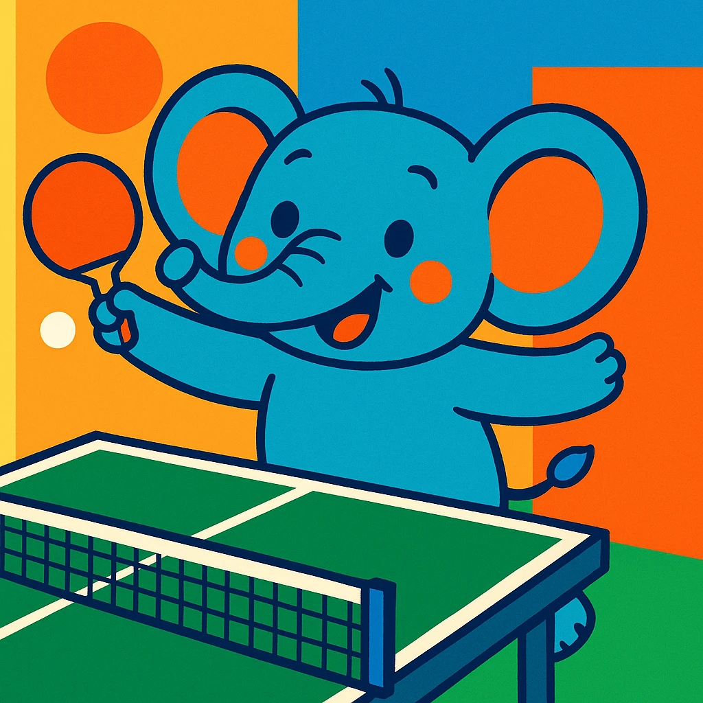 a cute elephant at a ping pong table, cheerful emoji