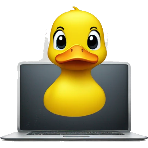 Yellow duck behind computer writing code emoji