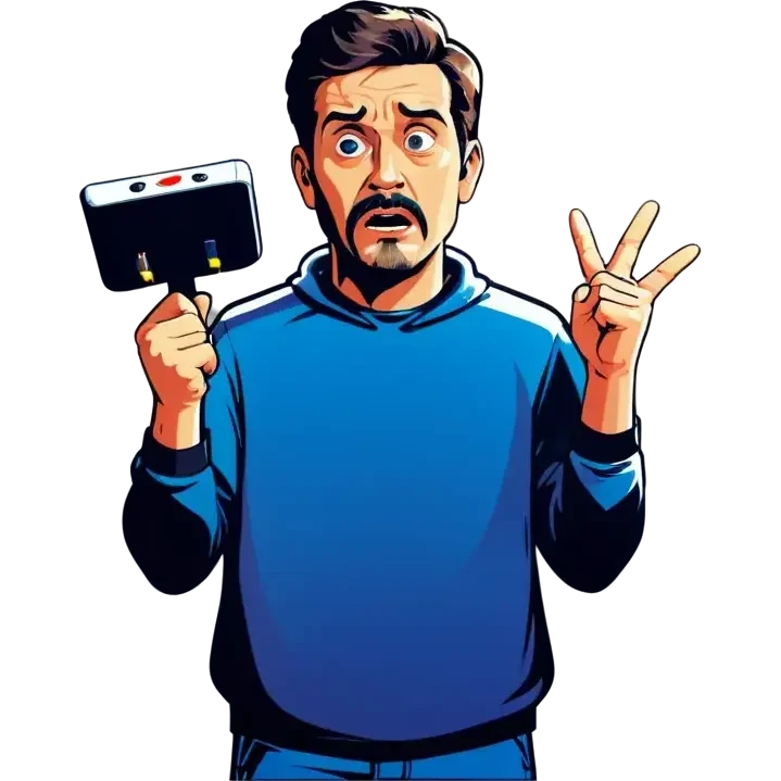 Man holding both arms in the air and holding an electrical cable der Man looks sad emoji