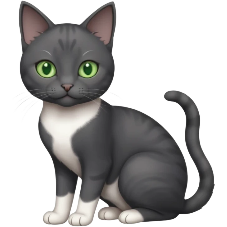 beautiful female solid dark grey cat with green eyes, white toes/paws and white patch on her chest playing emoji