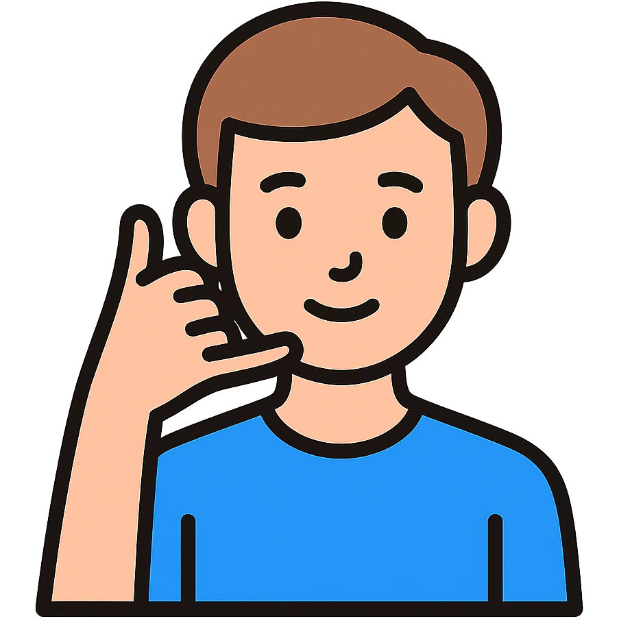 Adam making a phone call gesture, hand to ear, head and pinky finger forming phone sign, simple background, modern and clear style emoji