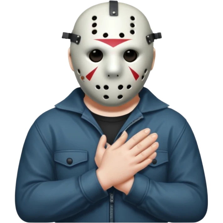 Jason Voorhees, looking cute, with his hands clasped in front of him, at a sideways angle, looks like he is in love emoji
