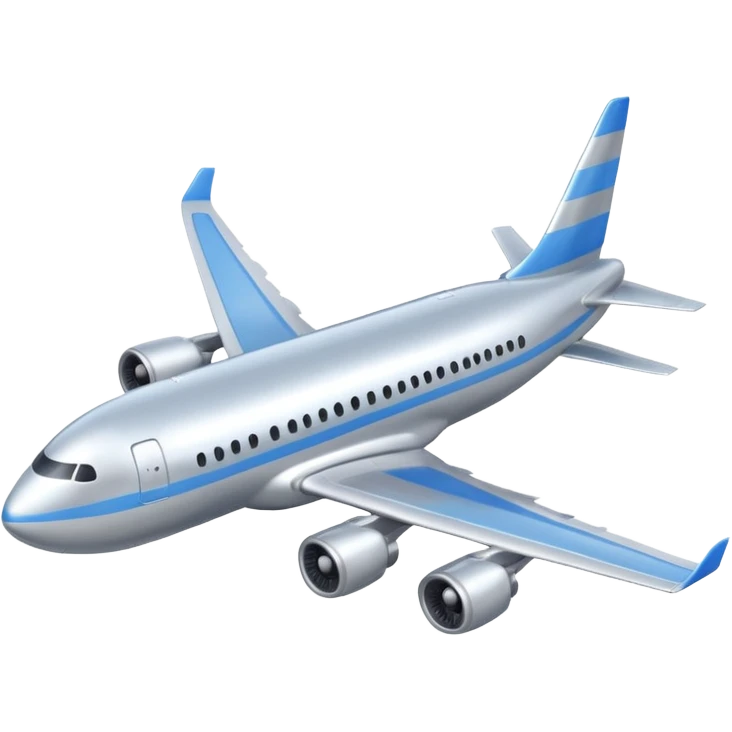 A 3D cartoon commercial airplane flying above clouds, silver body with blue stripes, smooth reflections, Memoji-style realism. emoji