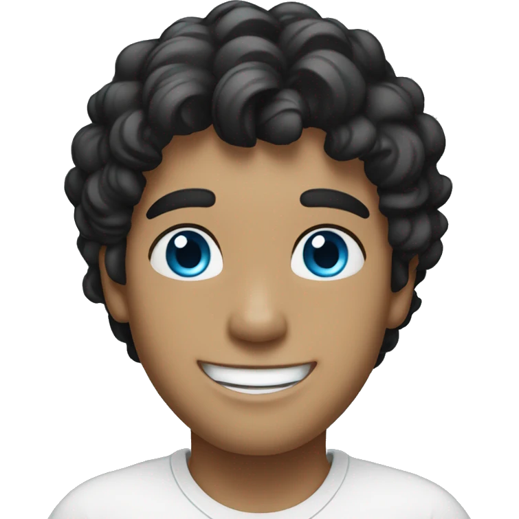 Man, wavy black hair, bright blue eyes, white skin, smiling, happy emoji