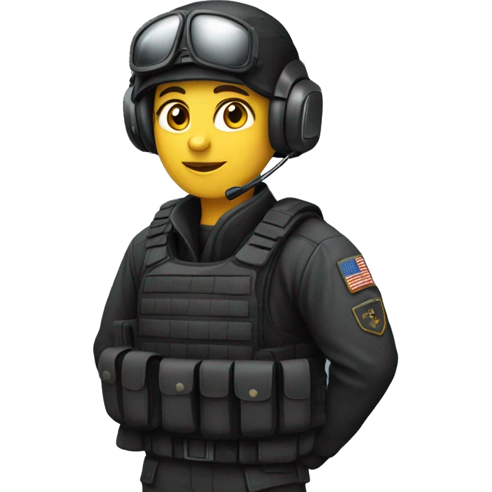 Military operator dressed in black with a helmet, without glasses, wearing a headset, ready to respond to alerts, preferably female, no country badge on clothes emoji