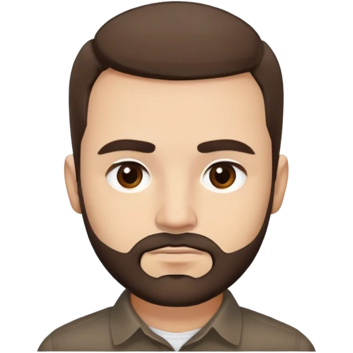 Close-up of René Monclova with light skin tone, round face, broad cheekbones. Lively dark brown eyes, thick straight eyebrows. Short messy brown hair with slight receding hairline. Untidy brown beard covering jaw. Wearing a dark collared shirt. emoji