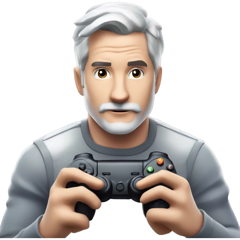 Futuristic fortnite background with a pale skin person with Grey hair and facial hair in their 40s with a game controller playing a game on a TV emoji