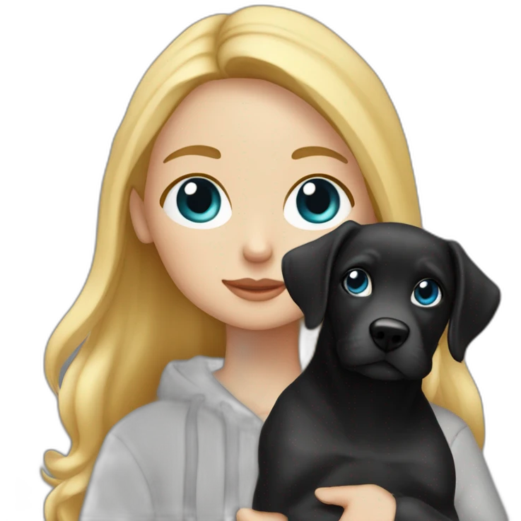 A blonde girl  with blues eyes, with smooth hair and a ray,she has light skin a few freckles, and she wear a hoodies and she Carries in his arms a black baby labrador dog  emoji