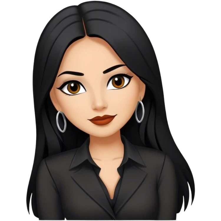 beautiful woman boss, with long straight black hair, with make up, black eye liner, smile, mexican, brown skin, wearing beautiful sexy black outfit, she’s shy emoji