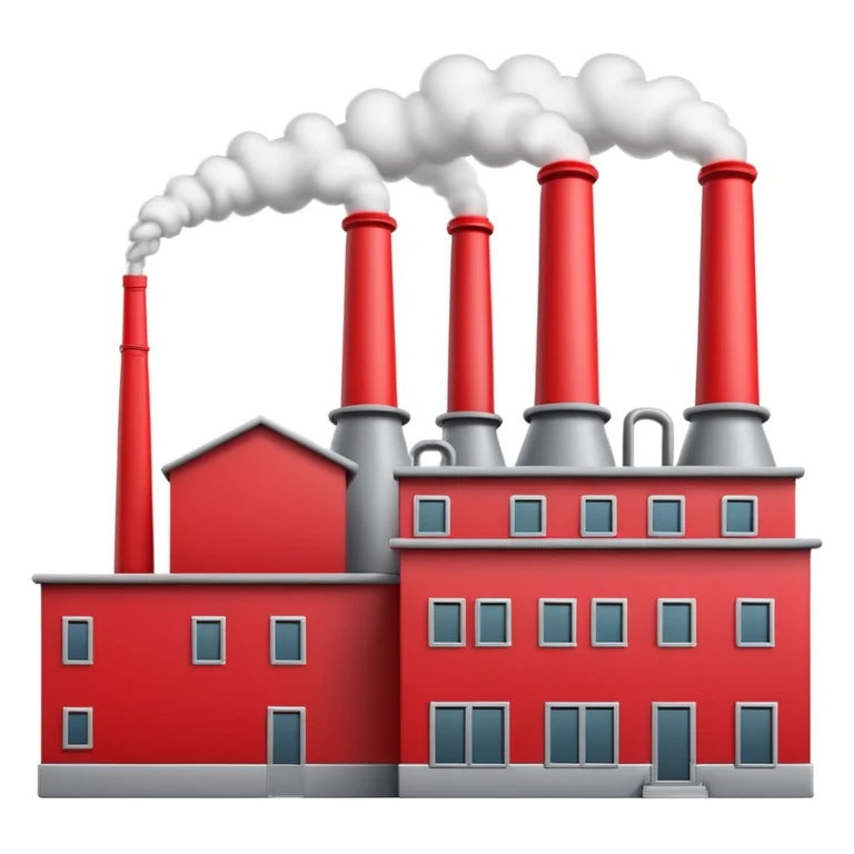3D emoji of a factory in Apple style, smooth and glossy surface, minimal design with clean shapes, grey and silver building, red or orange smokestacks, subtle shadows, no facial features, high-quality render, isolated on white background emoji