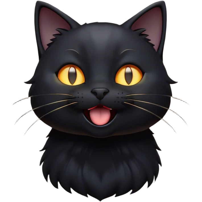 Cinematic Cute Black Cat Portrait Emoji, Head tilted playfully and yawning, sleek black fur with subtle hints of dark gray, Simplified yet adorable features, highly detailed, glowing with a warm, friendly glow, high shine, curious and affectionate, stylized with a touch of whimsy, bright and alert, soft glowing outline, capturing the essence of a mischievous yet loving kitten, so endearing it feels like it could leap out of the screen and stretch! emoji