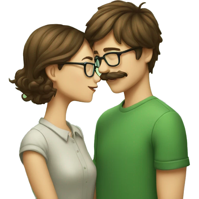 A boy with brown hair and a mustache is kissing a girl wearing glasses and her hair is green emoji