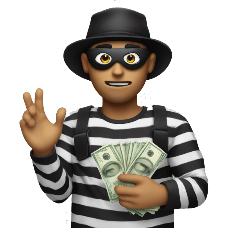 Robber where a black and white stripe shirt and black hat with a eye mask on holding a money bag emoji