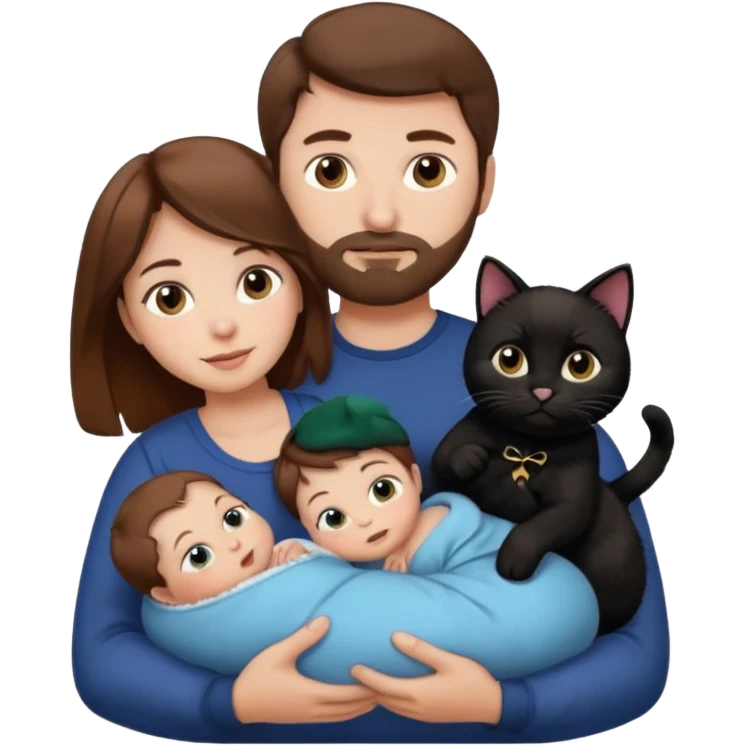 1 mom brown hair, 1 dad, 1 baby and 1 black cat emoji