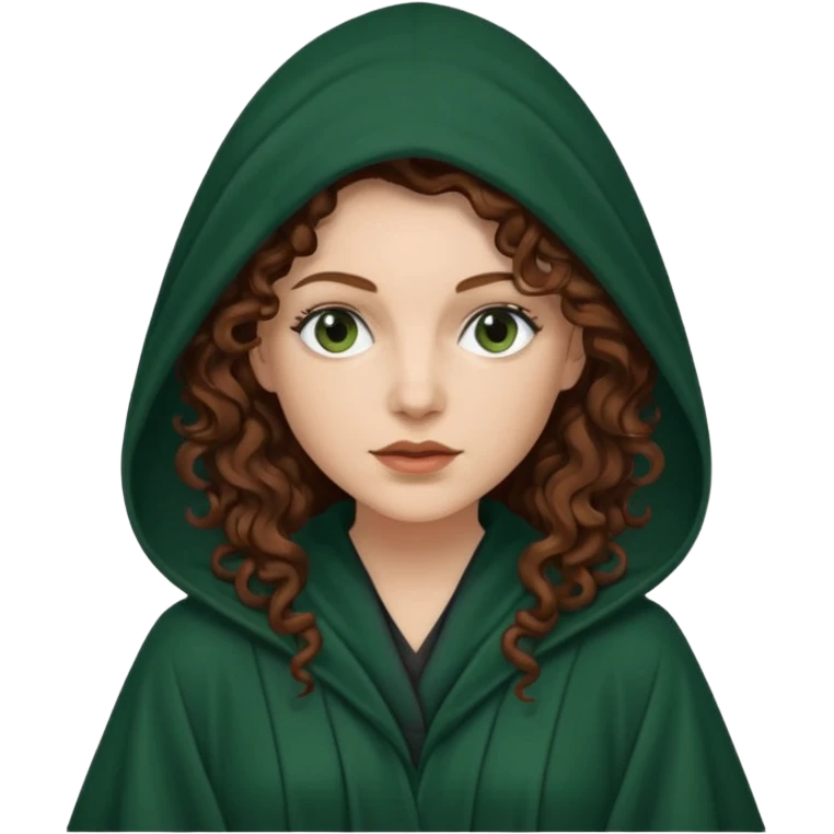 A white woman with long dark auburn hair robed and hooded like she's a Traitor in the tv show The Traitors. her hair is curly and the robe is a dark dark green emoji