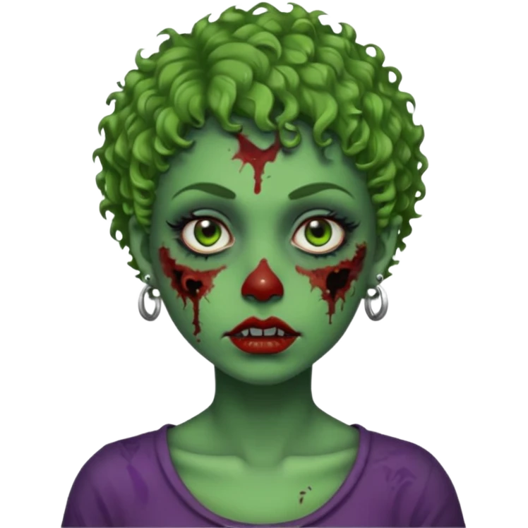 faça uma cabeça verde de zumbi femenina, com im cabelo curtinho cacheado, piercing no nariz, e brincos na orelha emoji