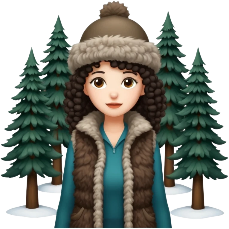 "A girl with curly dark hair 👩🏻‍🦱, wearing a fur hat 👒🦊 and a fur vest 🧥, standing in the snow ❄️ with pine trees 🌲 in the background. Minimalistic emoji style." emoji