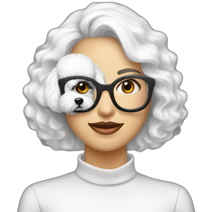 mujer gafas piel blanca pelo largo negro y perro bichon blanco emoji