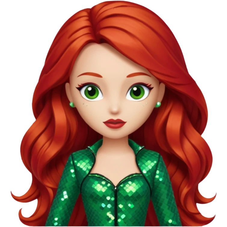 Meygan from Bratz with long red hair and green sequin outfit emoji
